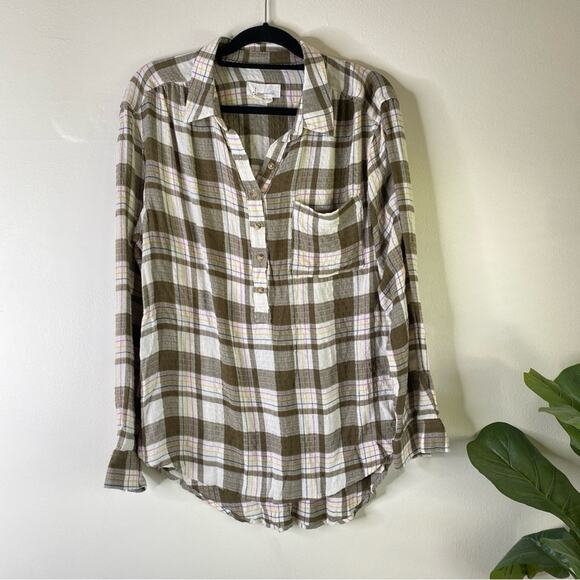 BY ANTHROPOLOGIE Isadora cream Plaid Flannel‎ Button Top Women Size large - Picture 3 of 7